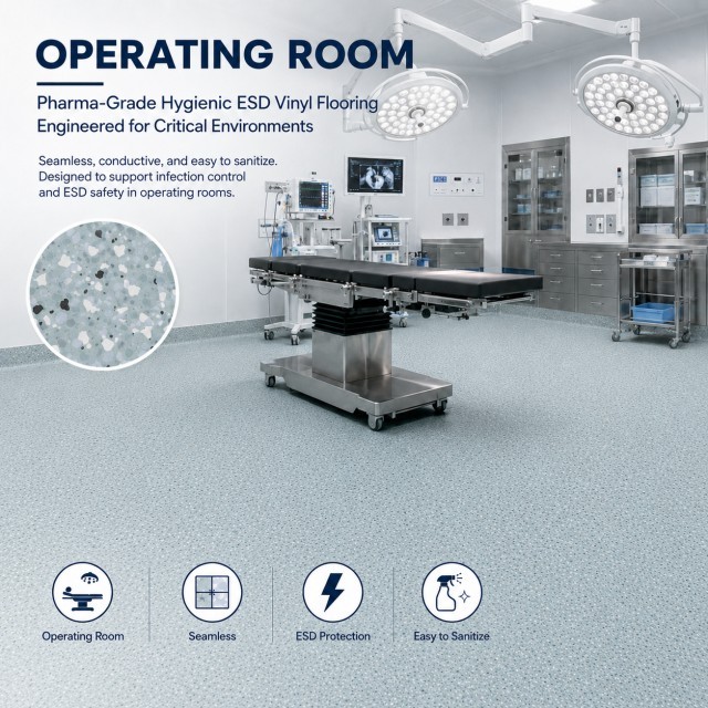 Pharma-Grade Hygienic ESD Vinyl Rolls 2.0mm - Anti-Microbial Conductive Sheet Flooring for Operating Rooms