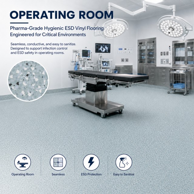 Pharma-Grade Hygienic ESD Vinyl Rolls 2.0mm - Anti-Microbial Conductive Sheet Flooring for Operating Rooms