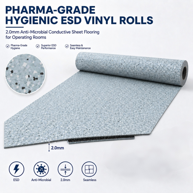 Pharma-Grade Hygienic ESD Vinyl Rolls 2.0mm - Anti-Microbial Conductive Sheet Flooring for Operating Rooms