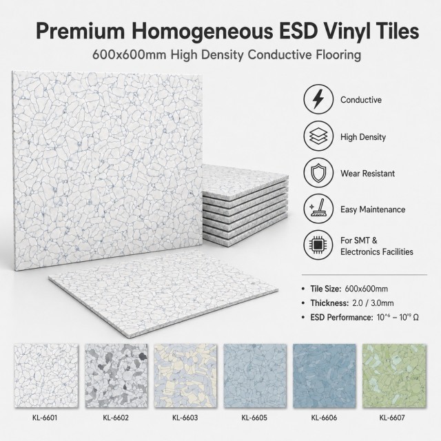 Premium Homogeneous ESD Vinyl Tiles 600x600mm - High Density Conductive Flooring for SMT & Electronics Facilities